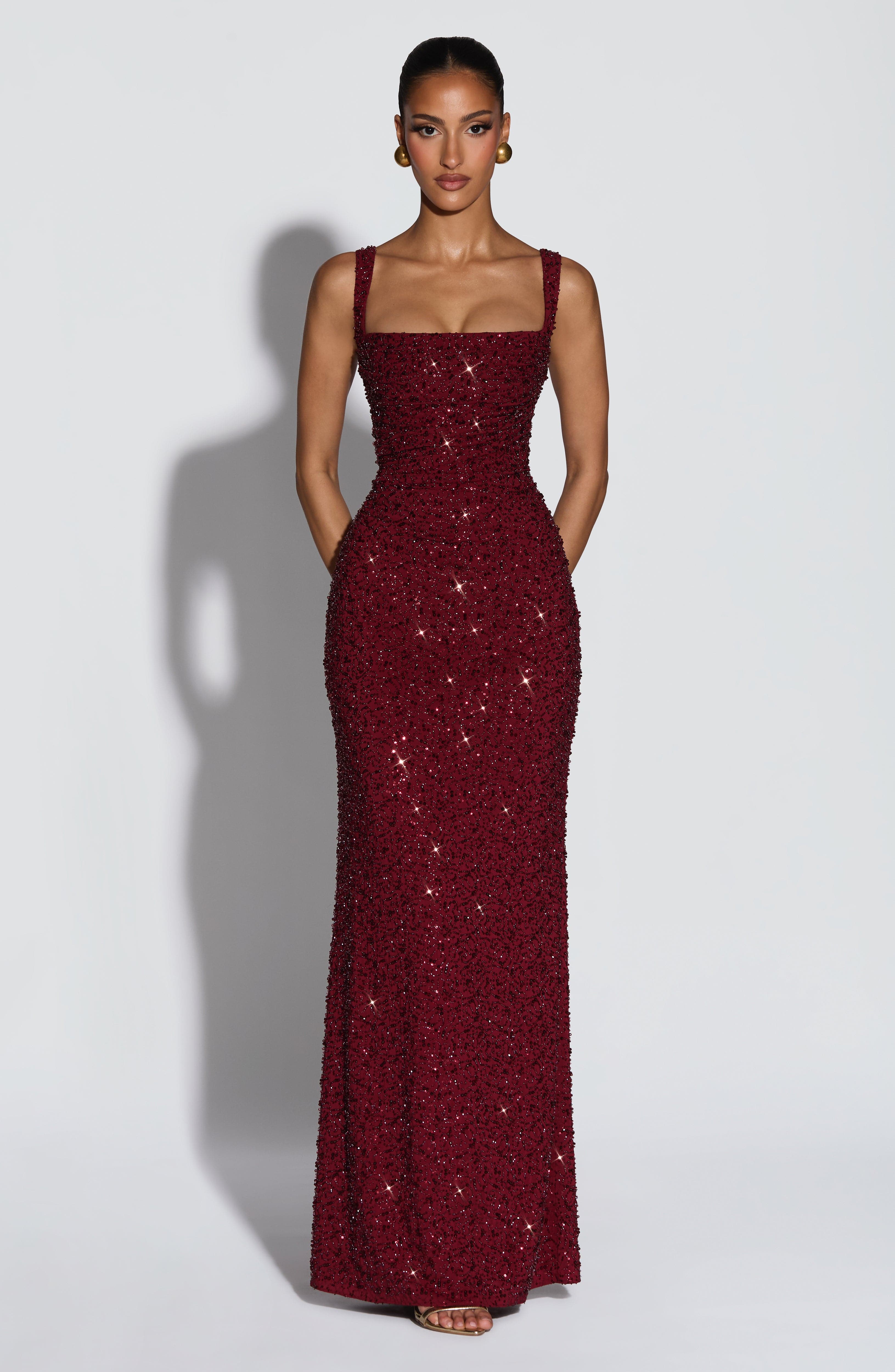 Burgundy Sequin Gown Dress