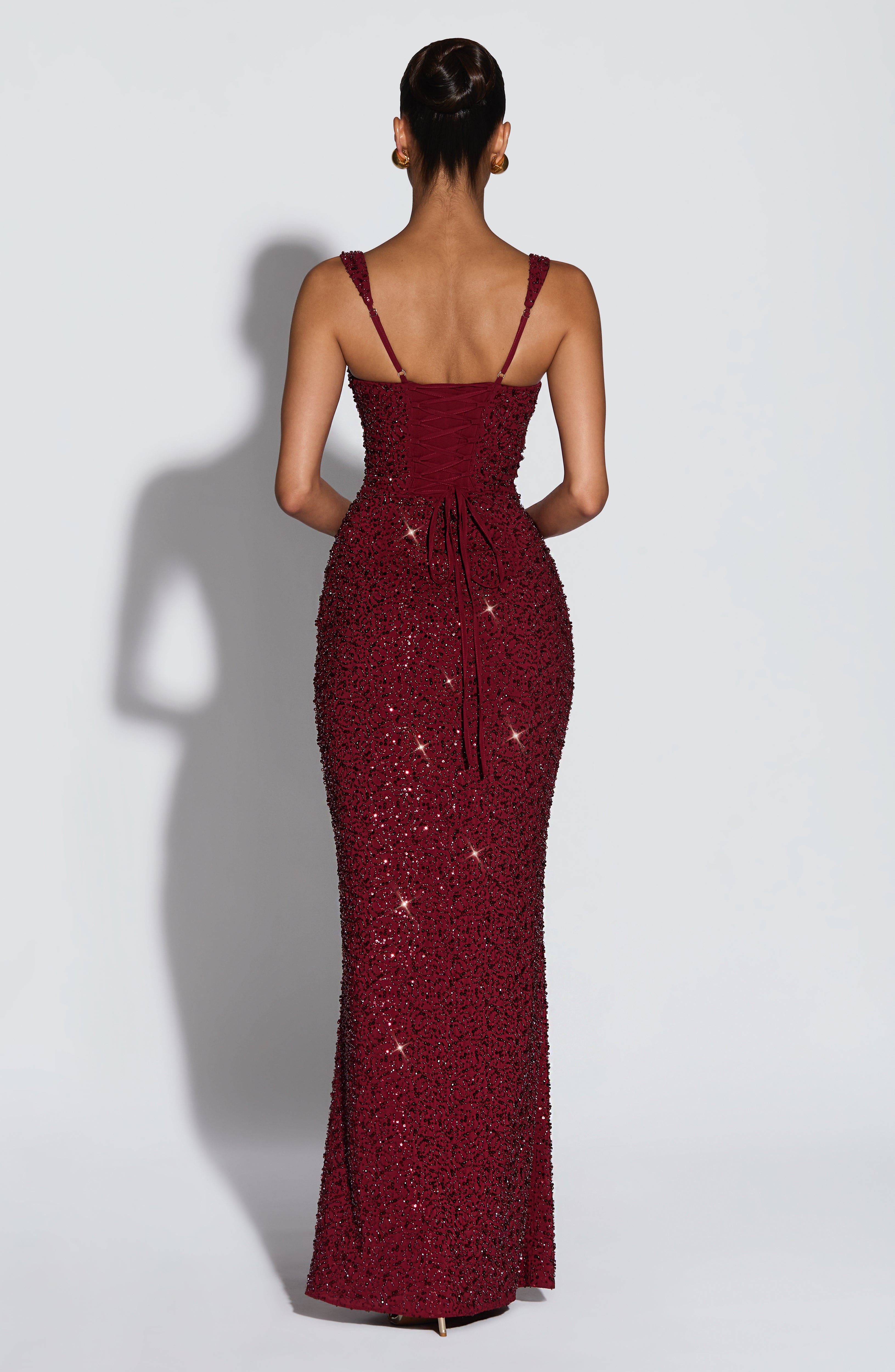 Burgundy Sequin Gown Dress