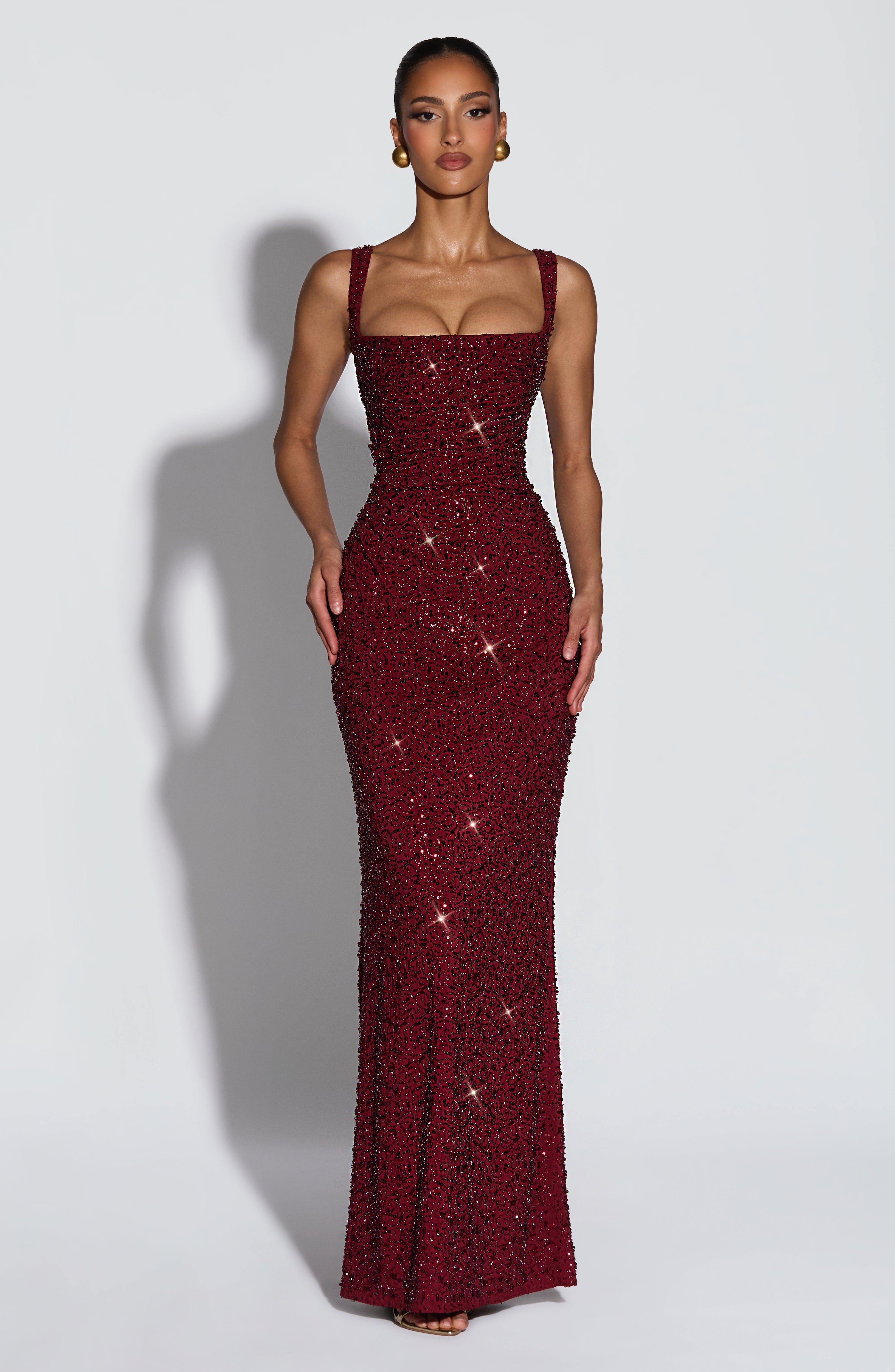 Burgundy Sequin Gown Dress