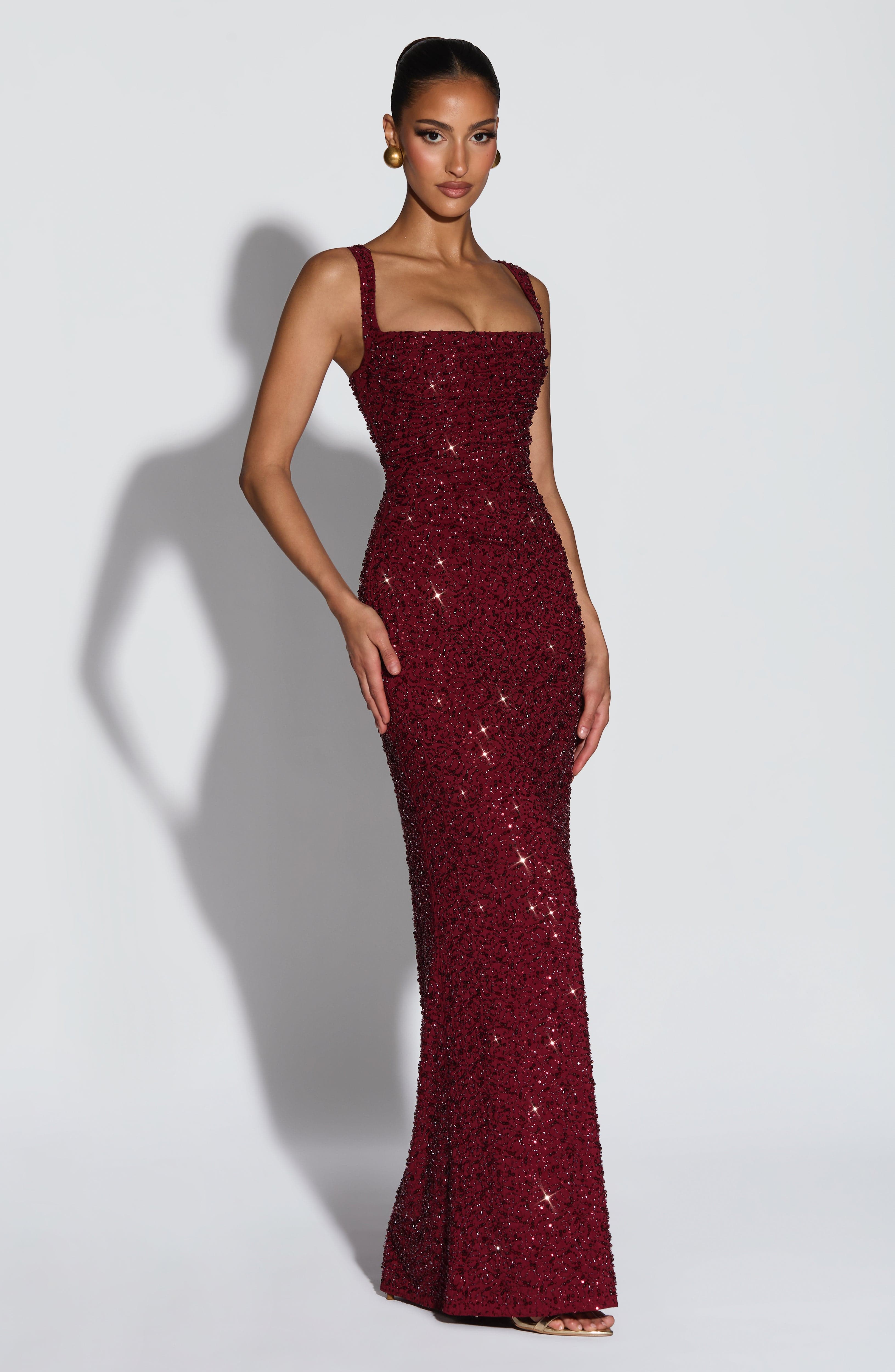 Burgundy Sequin Gown Dress