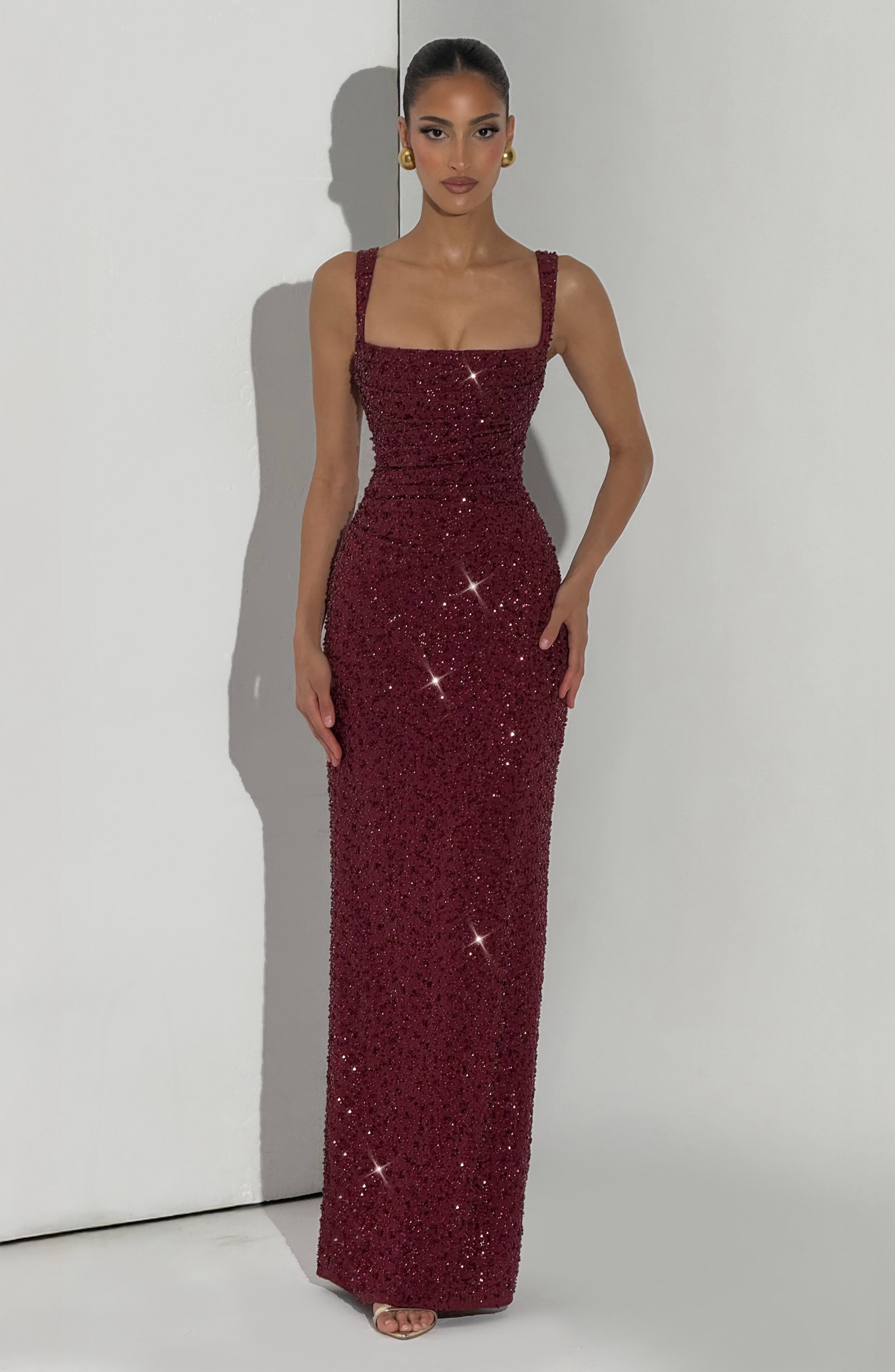 Burgundy Sequin Gown Dress